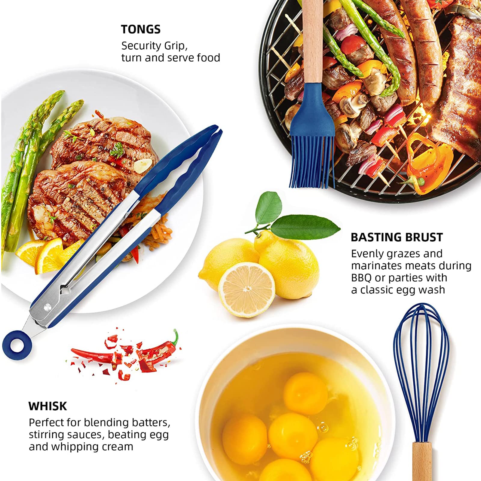 12 Pcs Silicone Cooking Utensils,Wooden Kitchen Utensil Set, Kitchen Household Products,Dark blue - Image 3