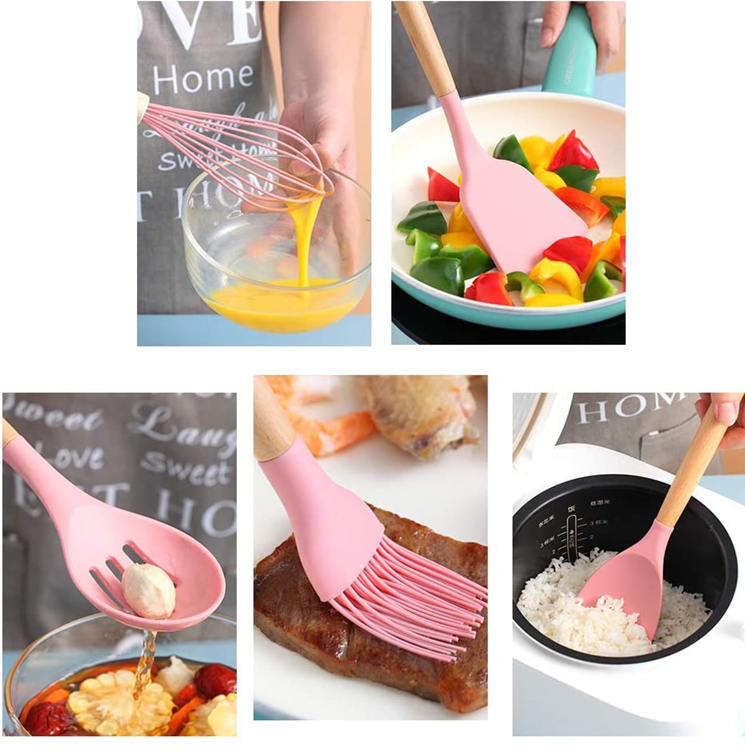 Silicone Cooking Utensil Kitchen Utensils Set, 12 Pieces Silicone Kitchen Utensil Wooden Handles, Kitchen Spatula Set... - Image 2