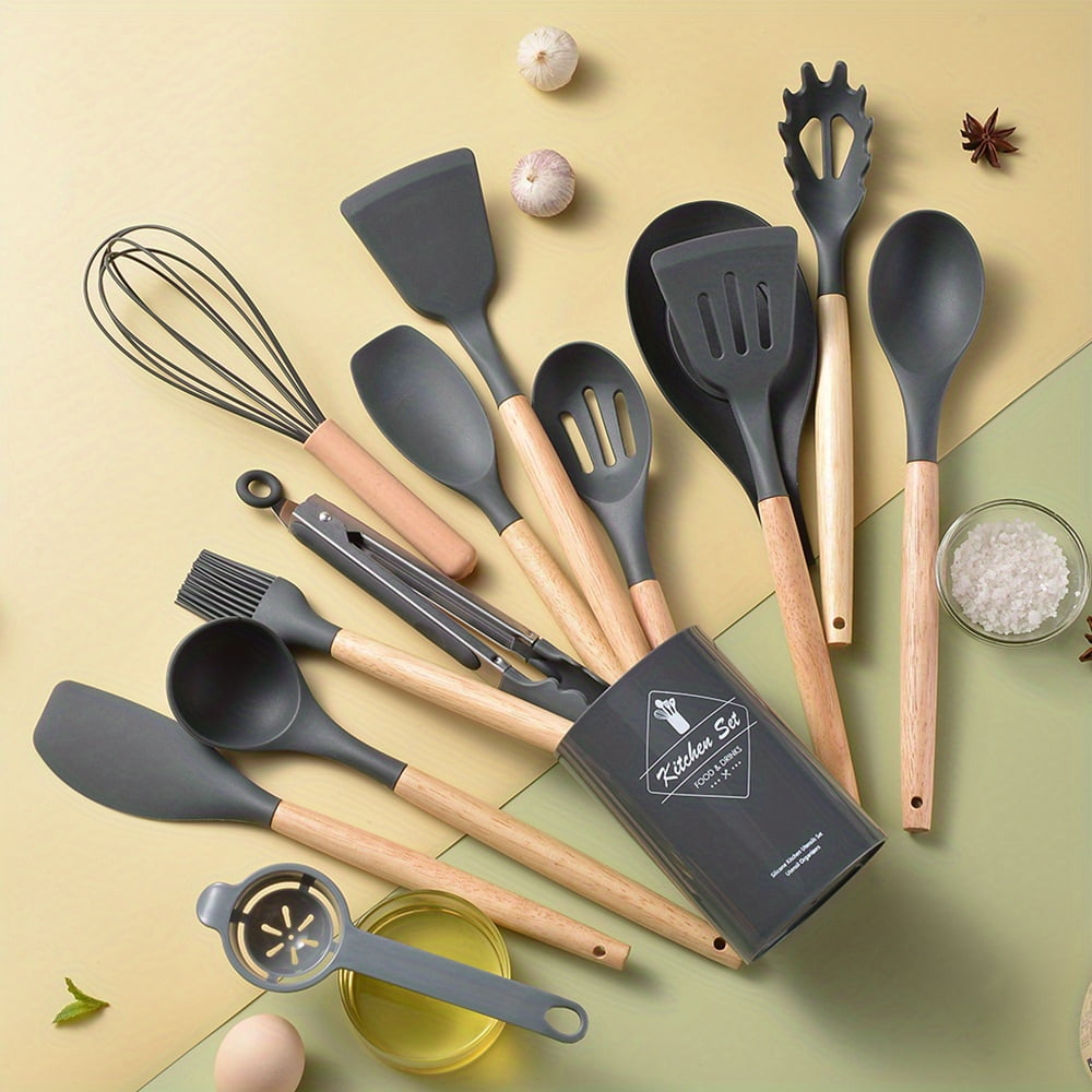 14pcs/set, Silicone Utensil Set, White Kitchen Utensil Set, Safety Cooking Utensils With Storage Bucket, Non-Stick Cooking Utensils With Woo - Image 5