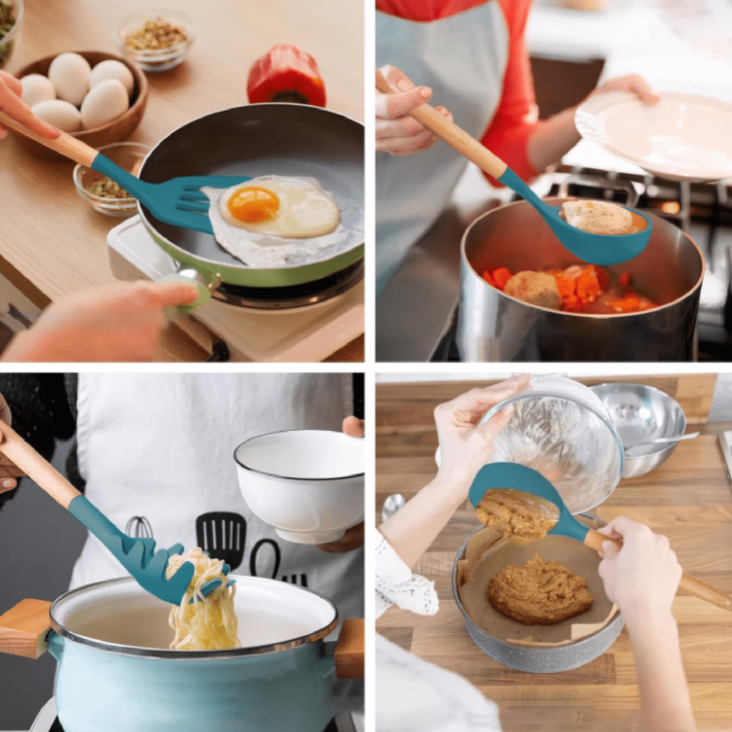 Silicone Cooking Utensils Set 6Pcs Heat Resistant Silicone Kitchen Utensils Set for Cooking Spatula Spoon Turner Ladle w Wooden Handle, BPA - Image 2