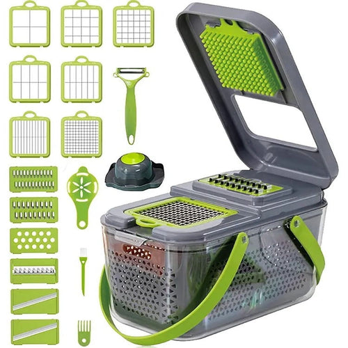 22-in-1 Vegetable Slicer Cutter Machine with Colander Basket, Multifunctional Durable Chopper for Fruits, Garlic, Zoodles, Cheese, Salad Pre