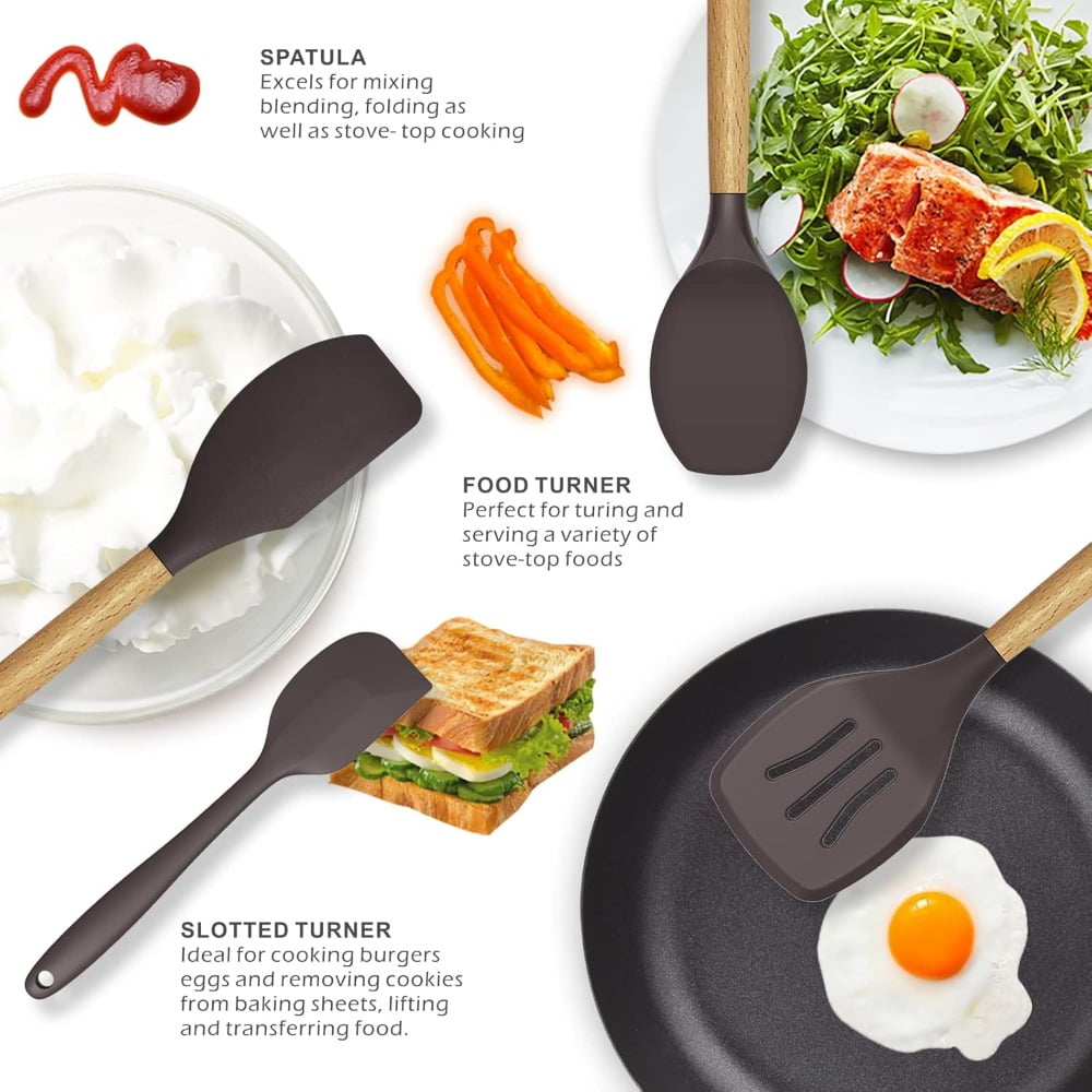 Silicone Cooking Utensils Set - 446°F Heat Resistant Silicone Kitchen Utensils for Cooking,Kitchen Utensil Spatula Set w Wooden Handles and - Image 5