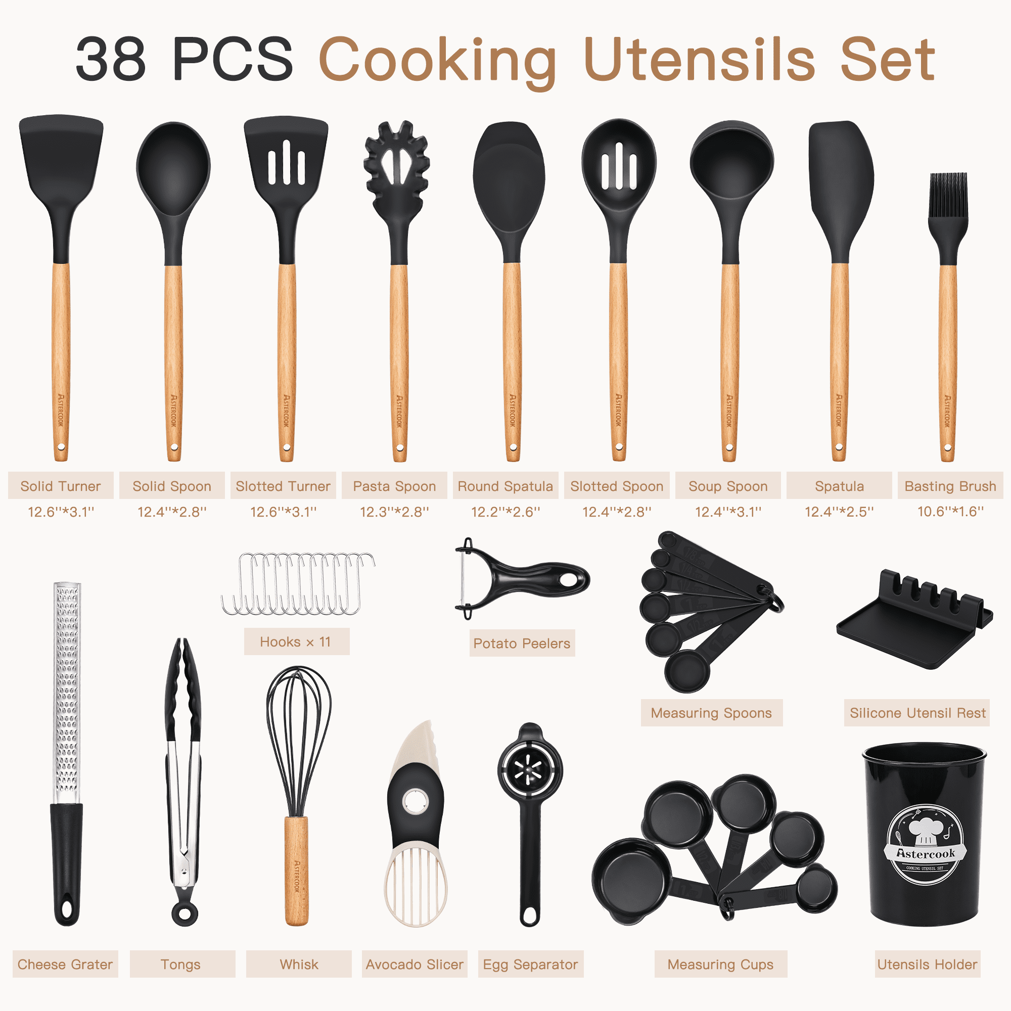 Astercook Silicone Cooking Utensils Set, 38 PCS Kitchen Utensils Set for 446°F Heat Resistant, Food Grade Utensil Sets with Wooden Handle, K - Image 3