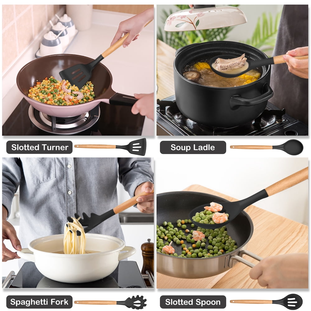 12-Piece Silicone Kitchen Cooking Utensils Set with Holder, Wooden Handle Utensils for Cooking, Kitchen Tools Include... - Image 3