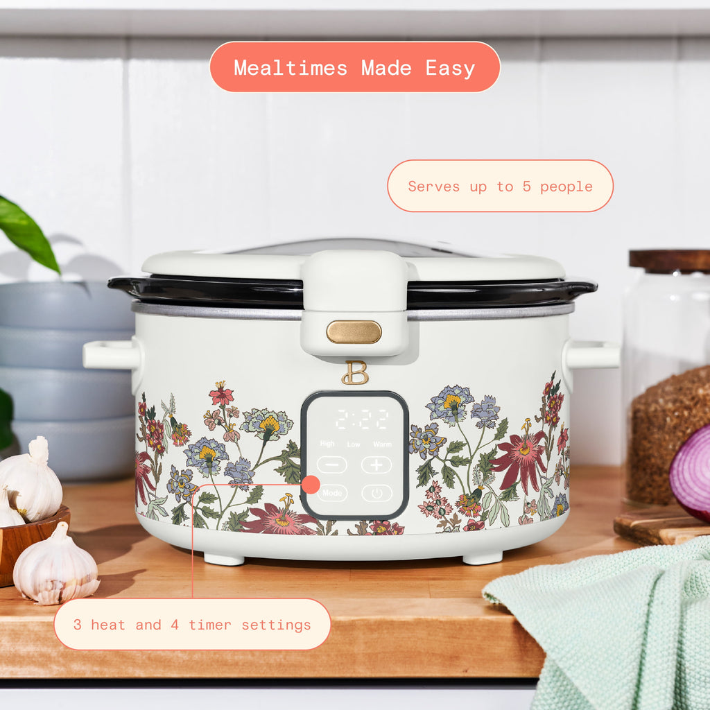 Beautiful 4 Qt Digital Slow Cooker with Hinged Locking Lid, Wildflower White by Drew Barrymore - Image 3