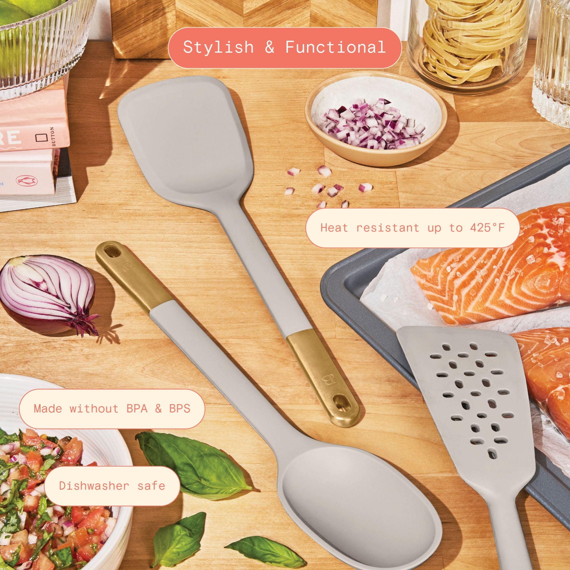 3-Piece Silicone Kitchen Utensil Tool Set, Porcini Taupe - Image 3