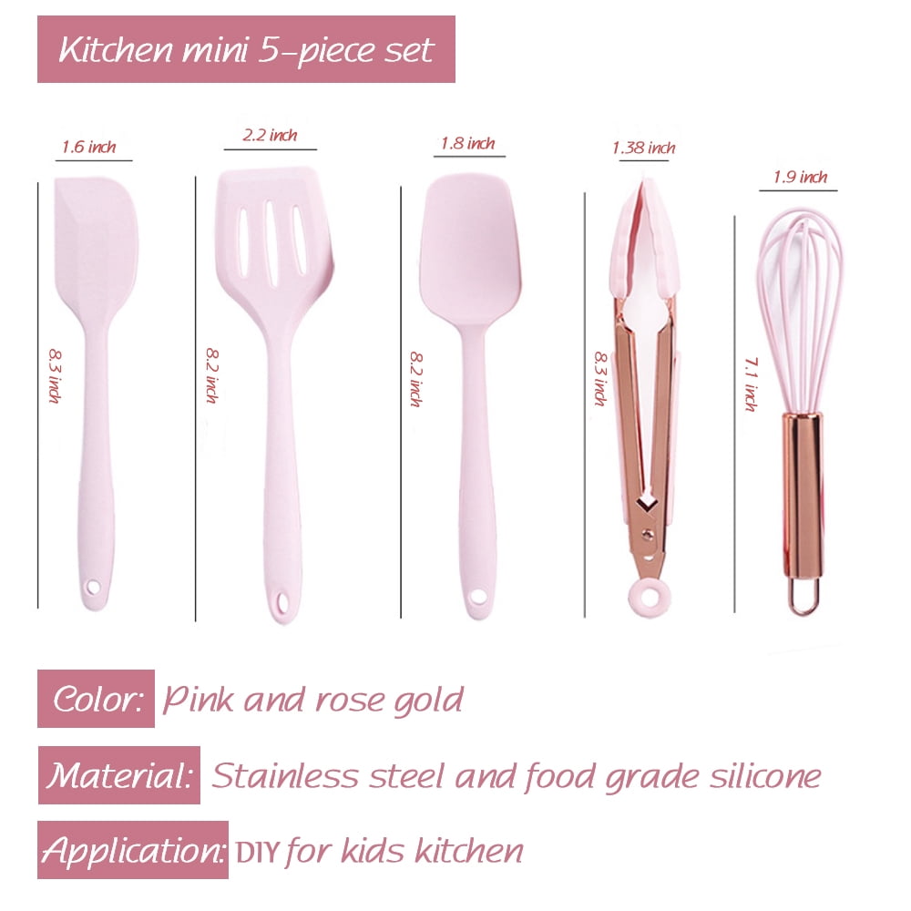 Rose Gold And Pink Kitchen Utensil Small Five-Piece Set Mini Silicone Kids Kitchen Tools Whisk Spatula Tongs Spoon An... - Image 6