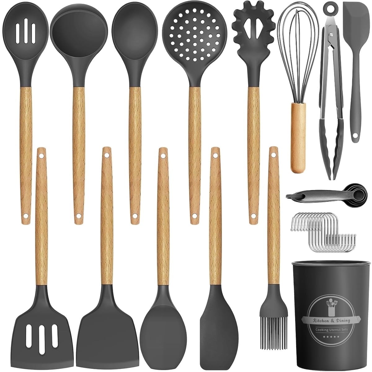 GPED 29 Pcs Silicone Kitchen Utensil Set, Cooking Utensils Set with Wooden Handle, Food Grade Silicone Spatula Set, BPA-Free, 446°F Heat Res