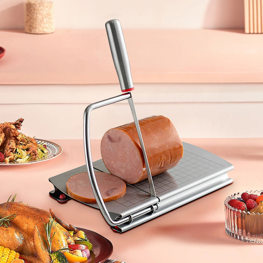 Stainless Steel Food Slicer with Scale | Cheese & Vegetable Chipper | Sausage & Cake Cutter | Handle | Non-Slip Base ... - Image 5
