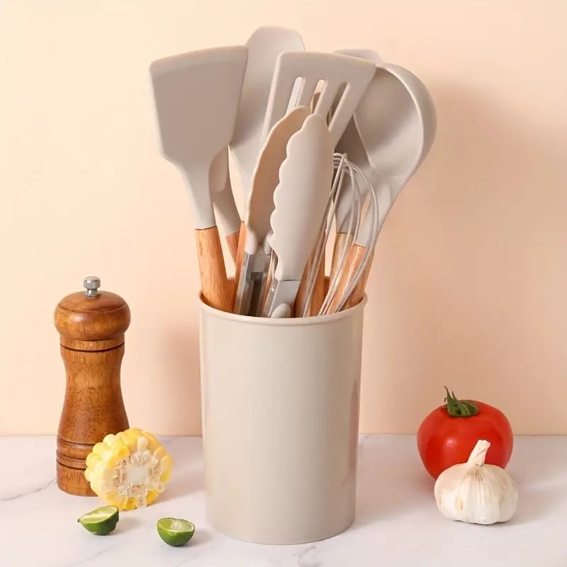 12-piece luxury silicone kitchen cooking utensils set with wooden handle, egg beater, brush pliers, heat-resistant an... - Image 3