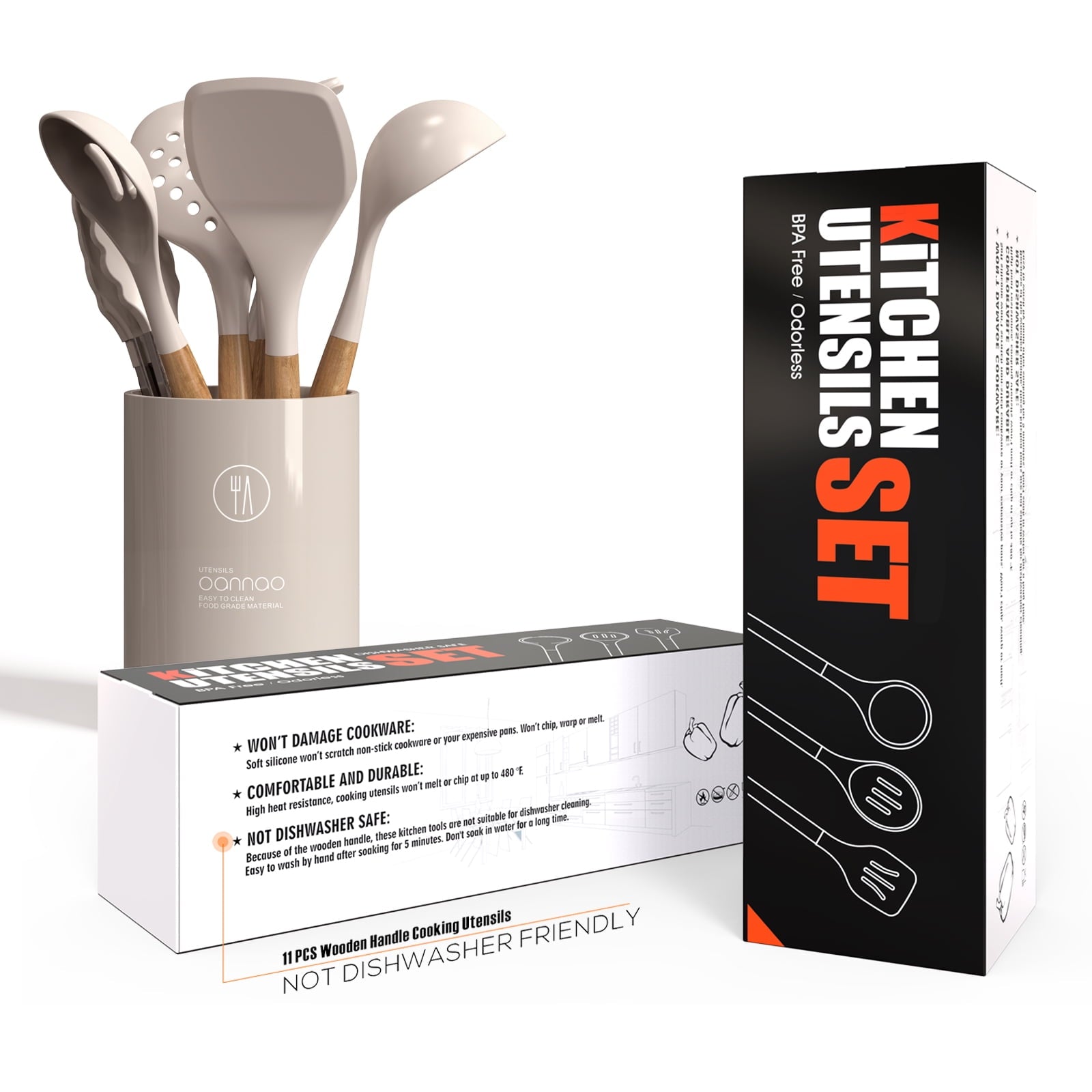 oannao Silicone Cooking Utensils Set - 446°F Heat Resistant Silicone Kitchen Utensils for Cooking,Kitchen Utensil Spatula Set w Wooden Handl - Image 5