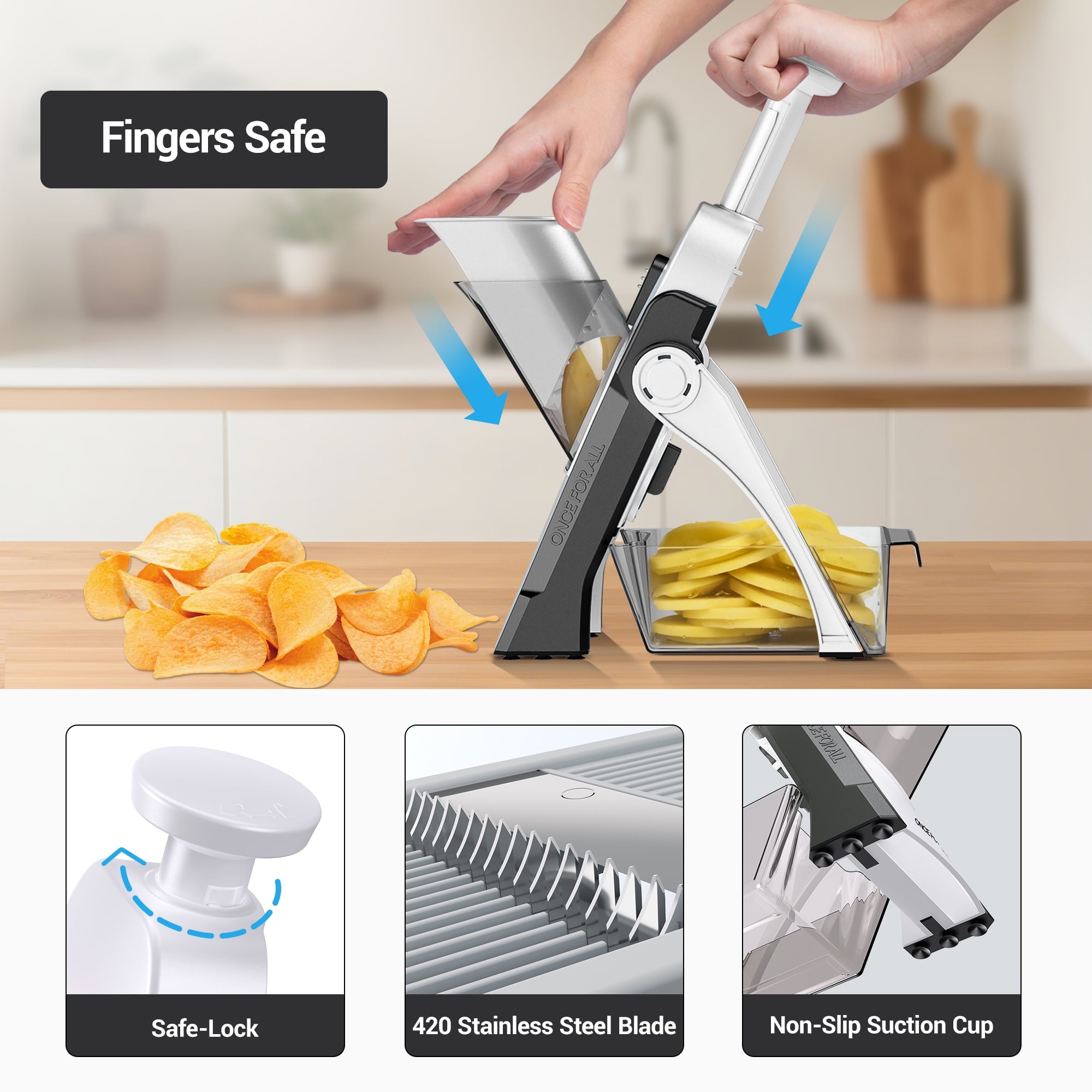 ONCE FOR ALL Vegetable Mandoline Slicer Chopper, Kitchen Adjustable Safe Onion Potato Food Chopper, Perfect for Slicing, Chopping, Shredding - Image 3