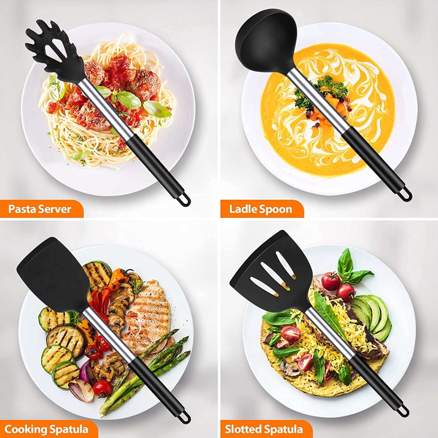 Silicone Cooking Utensil Set, 8Pcs Non-stick Cookware with Stainless Steel Handle, BPA Free Heat Resistant Kitchen To... - Image 3
