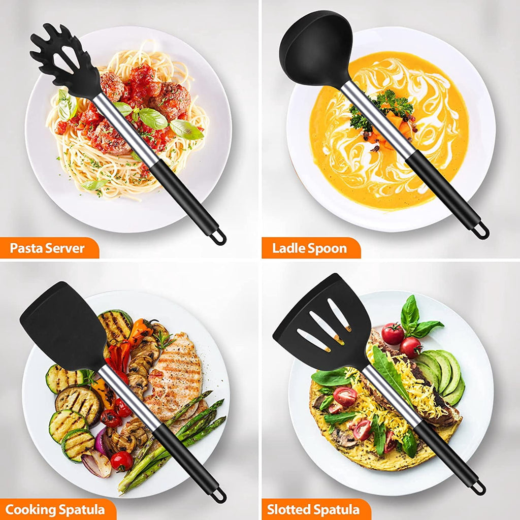 Silicone Cooking Utensil Set, 8Pcs Non-stick Cookware with Stainless Steel Handle, BPA Free Heat Resistant Kitchen To... - Image 3