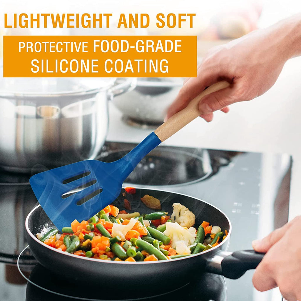 12 Pcs Silicone Cooking Utensils,Wooden Kitchen Utensil Set, Kitchen Household Products,Dark blue - Image 4