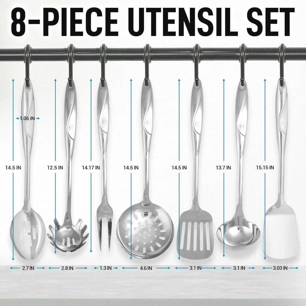 Stainless Steel Cooking Utensil Set -  Metal Kitchen Gadgets - Easy to Clean Tools - 8 Piece Set - Image 2