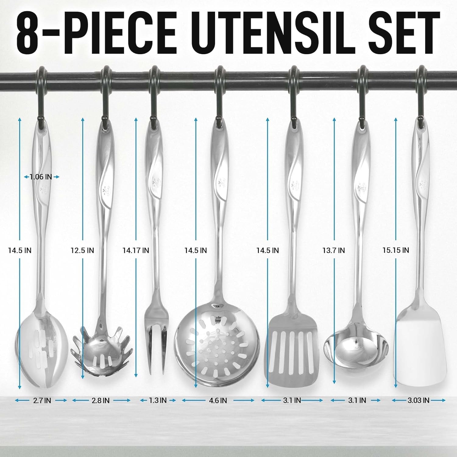 Stainless Steel Cooking Utensil Set -  Metal Kitchen Gadgets - Easy to Clean Tools - 8 Piece Set - Image 2