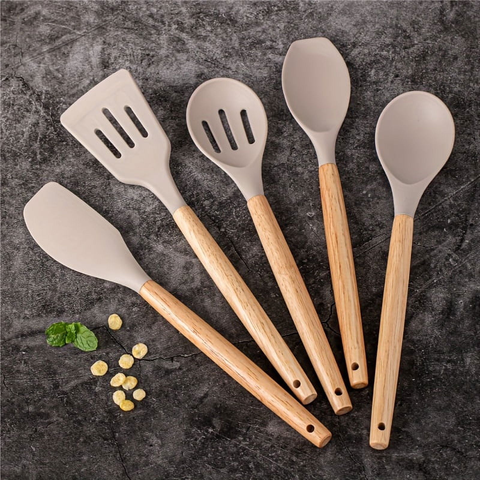 5pc Silicone Utensil Set, Kitchen Utensil Set, Safety Cooking Utensils Set, Non-Stick Cooking Utensils Set With Woode... - Image 2