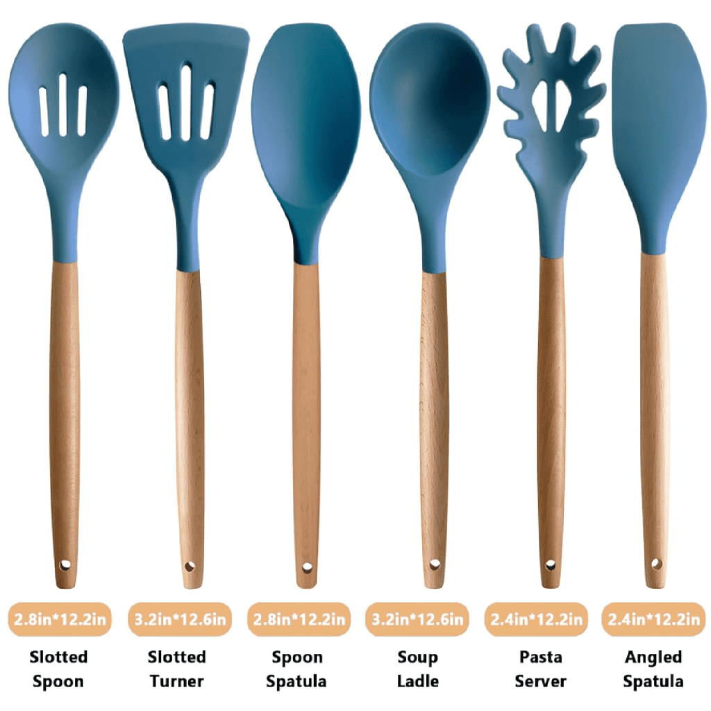 Silicone Cooking Utensils Set 6Pcs Heat Resistant Silicone Kitchen Utensils Set for Cooking Spatula Spoon Turner Ladle w Wooden Handle, BPA - Image 5