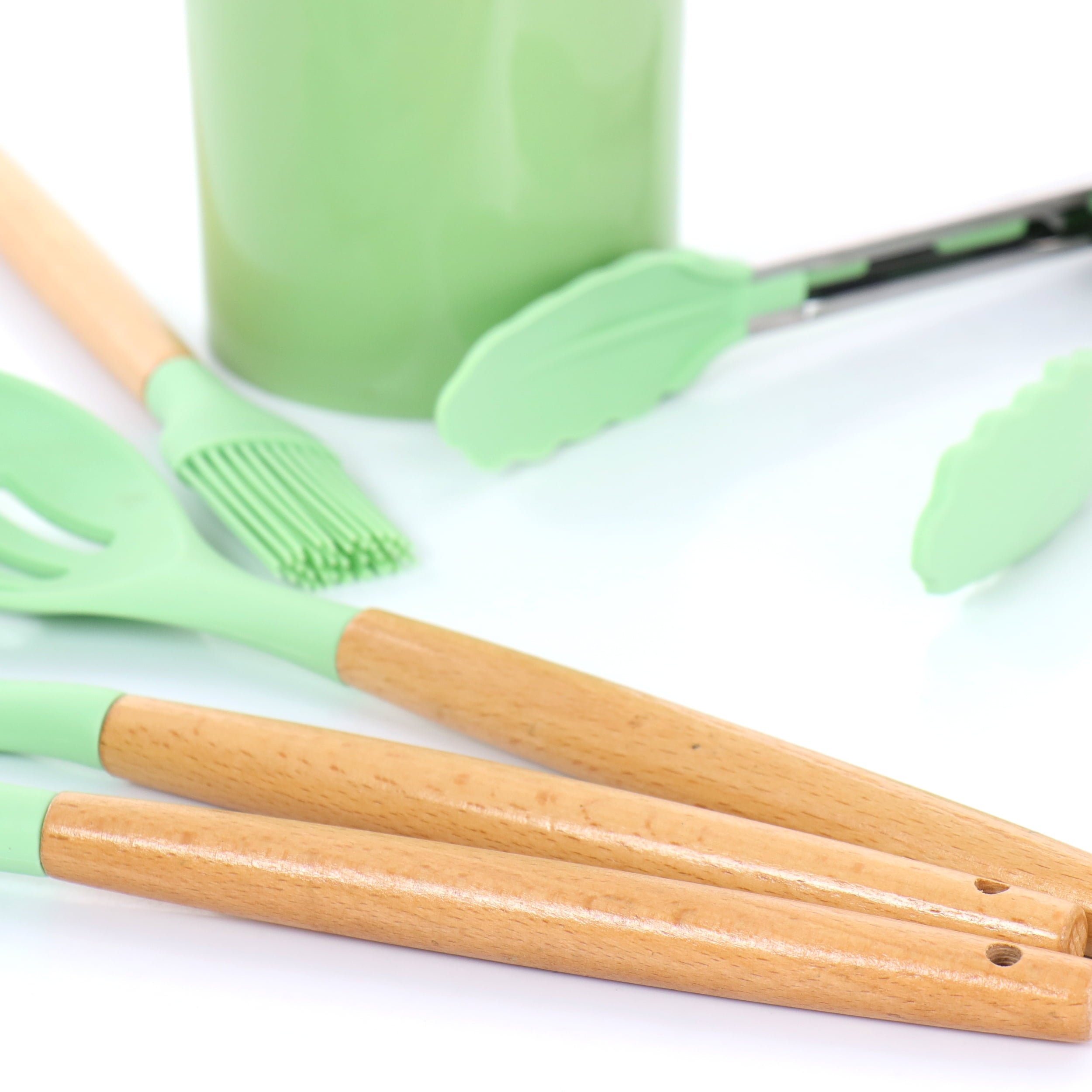 Mint Green 12 Piece Silicone and Wood Cooking Utensils - Image 4