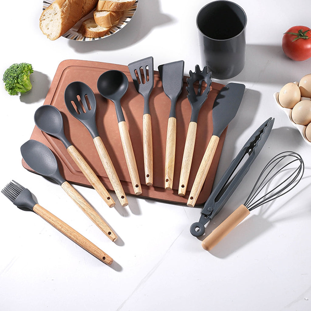 Silicone Kitchen Utensils Set with Wooden Handle Heat-Resistant Cooking Tools Non-Stick Safe Kitchenware Set for Home... - Image 4