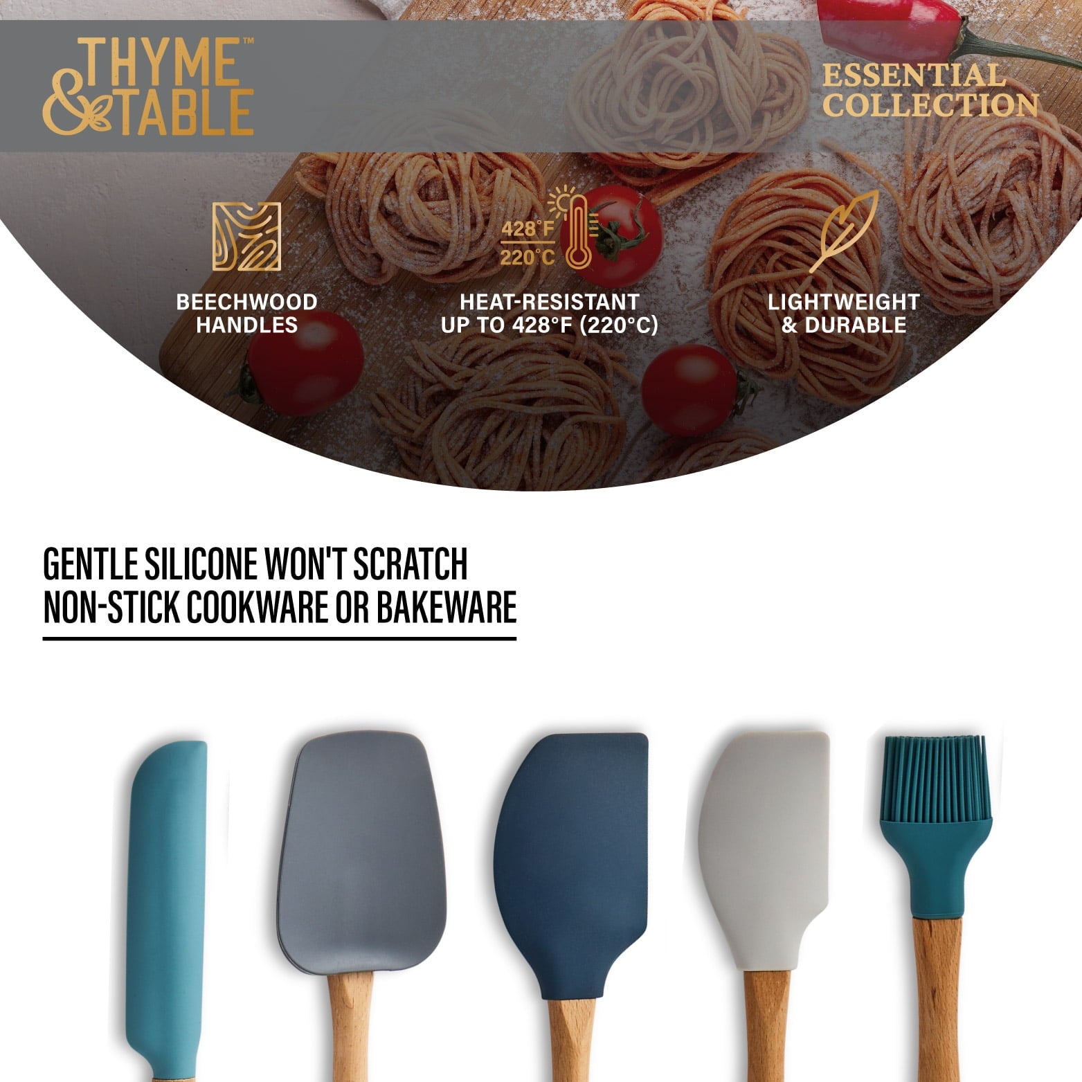 5-Piece Silicone Kitchen Utensil Set with Beechwood Handles - Image 4