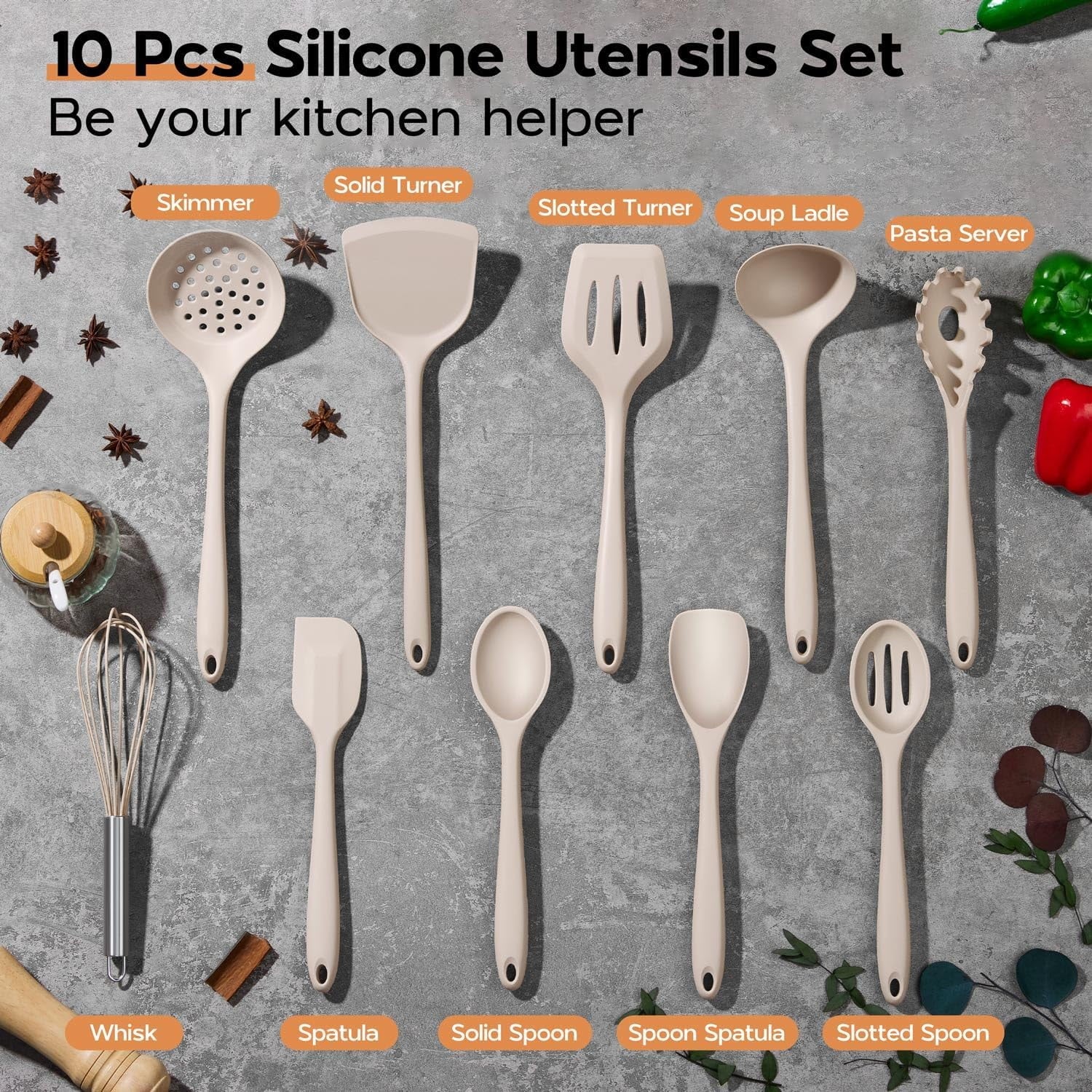 Silicone Cooking Utensils Set of 10, Kitchen Utensils for Nonstick Cookware, Heat Resistant & Nontoxic Spatula Set - Khaki. - Image 5