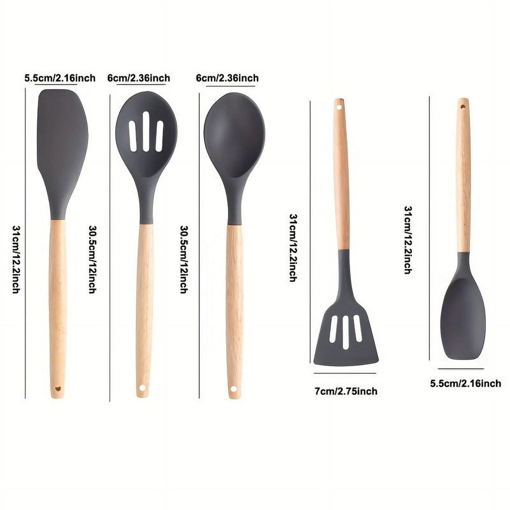 5pc Silicone Utensil Set, Kitchen Utensil Set, Safety Cooking Utensils Set, Non-Stick Cooking Utensils Set With Woode... - Image 4
