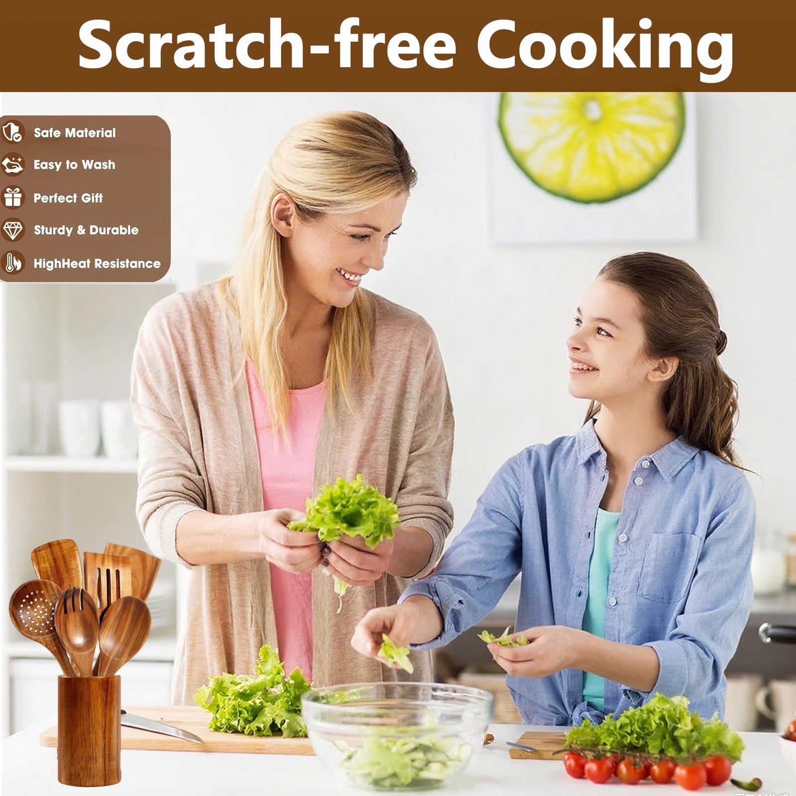 Wooden Spoons for Cooking, 8 Pcs Natural Teak Wooden Utensils Set, Non-Stick & Heat Resistant Durable Wood Kitchen Ut... - Image 4