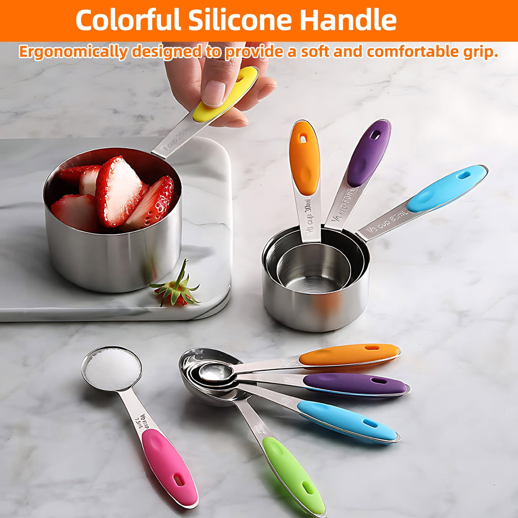 Measuring Cups and Spoons Set of 15, Kitchen Measuring Tool with Colored Silicone Handle, Including 5 Nesting Measuri... - Image 2