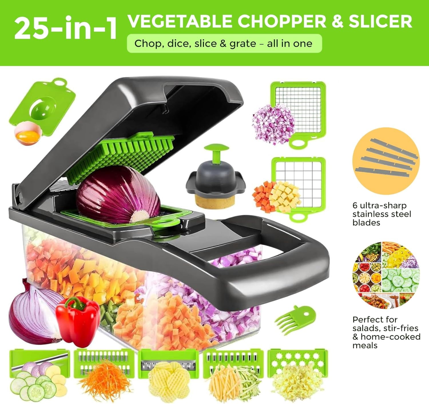 13-in-1 & Slicer - Multifunctional Onion with 8 Blades, Colander Basket & Container | Mini & Mandolin Slicer with Fin... - Image 2