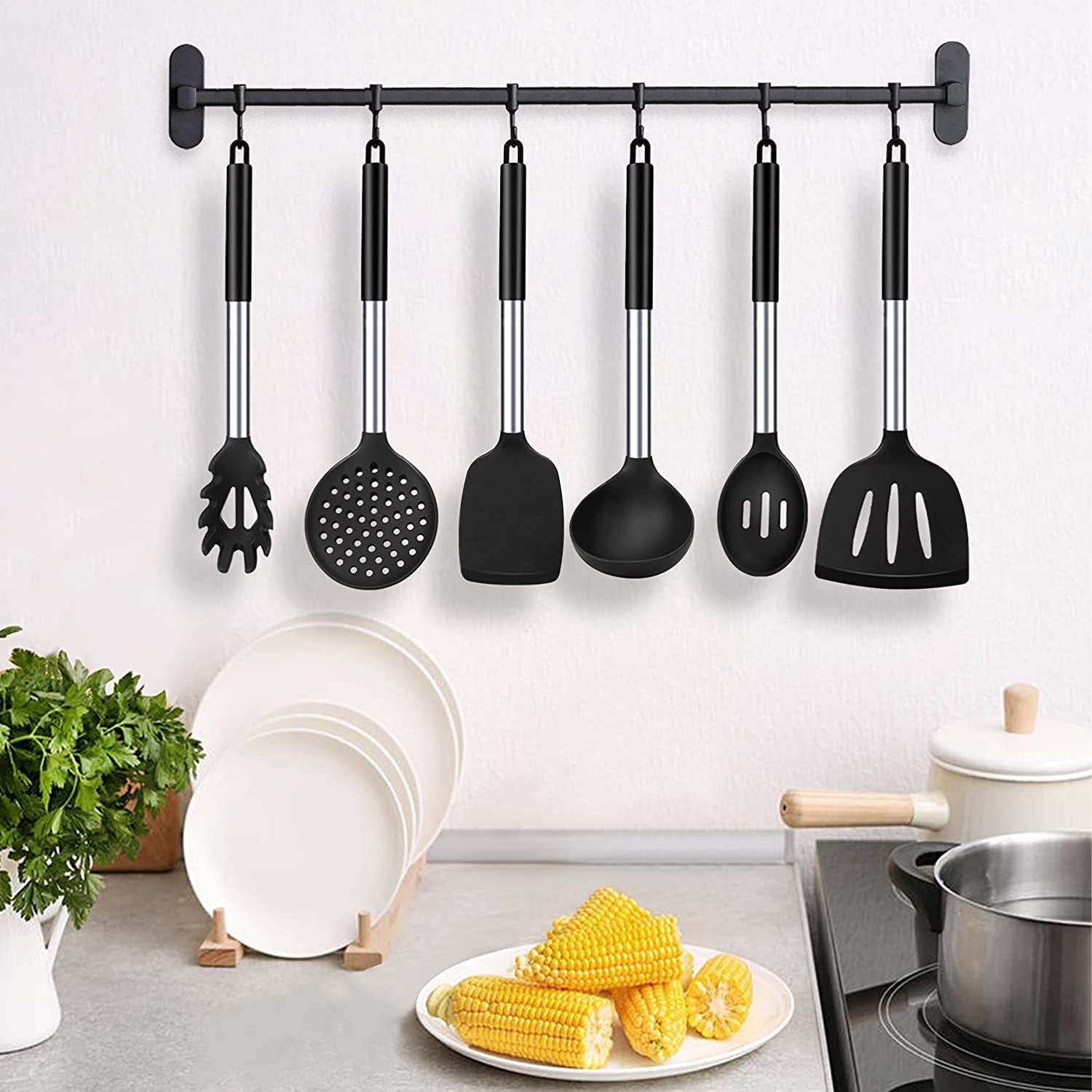 Silicone Cooking Utensil Set, 8Pcs Non-stick Cookware with Stainless Steel Handle, BPA Free Heat Resistant Kitchen To... - Image 5