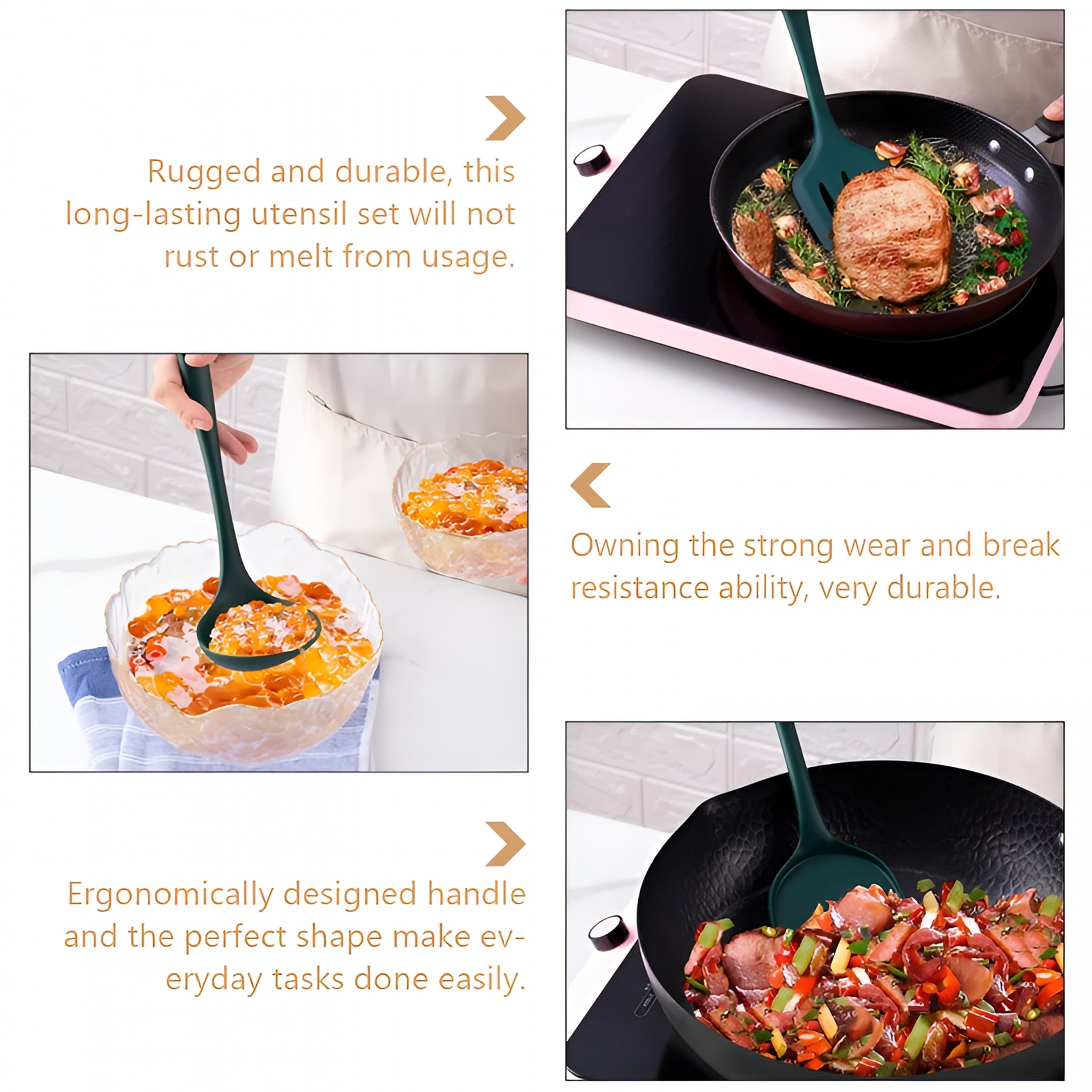 ACDANC 1 Set Silicone Kitchen Non-Cooking Non-Pan Spatula Cooking Stainless Steel Kitchen Utensils Dark Green - Image 6