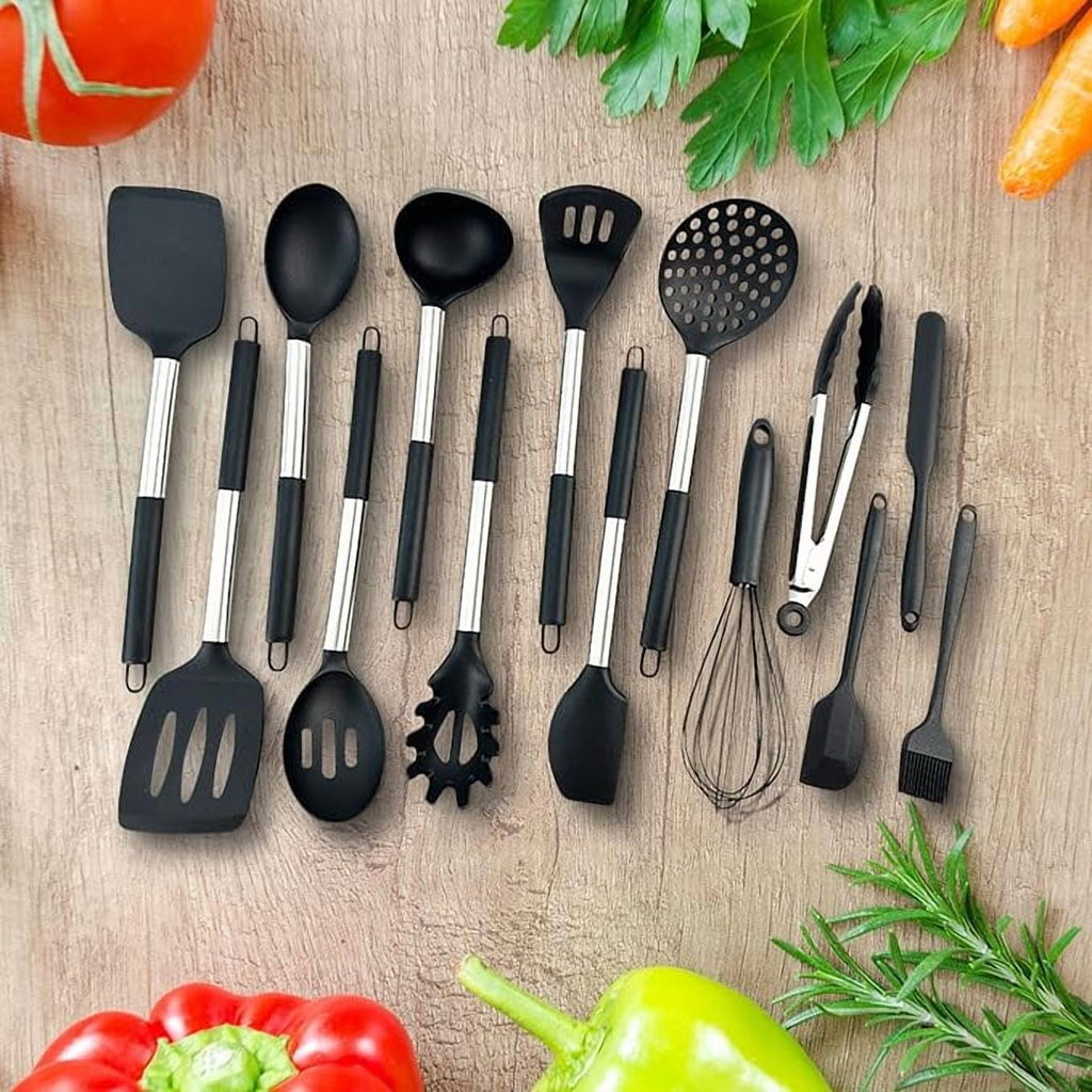 15 Pieces Silicone Kitchen Utensil Set with Holder | Non Slip Stainless Steel Cooking Tool |Spatulas, Spoon, Ladle, P... - Image 3
