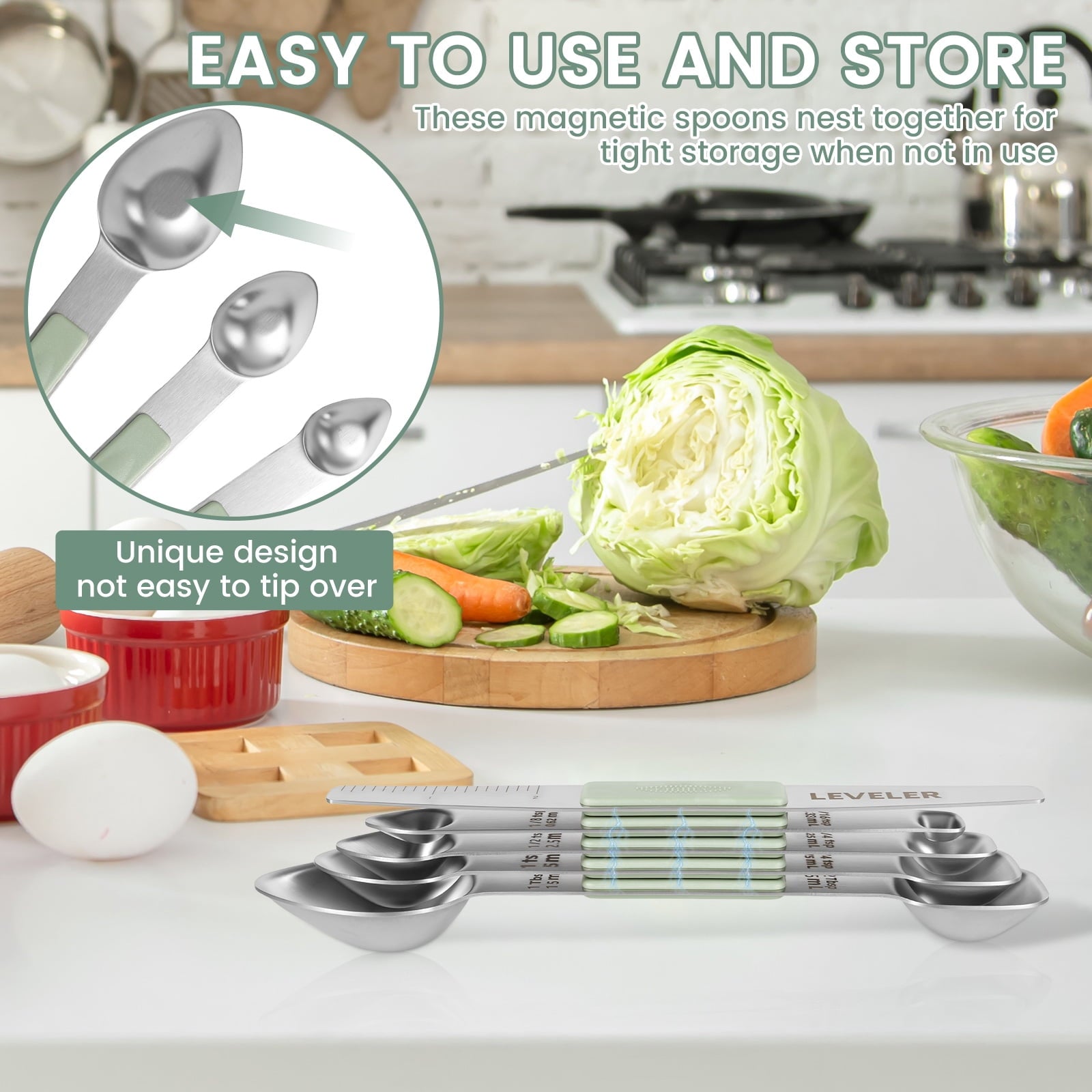 Magnetic Measuring Spoons with Leveler, Stainless Steel Dual Sided Nestable Measuring Spoon, Stackable Teaspoon for M... - Image 4