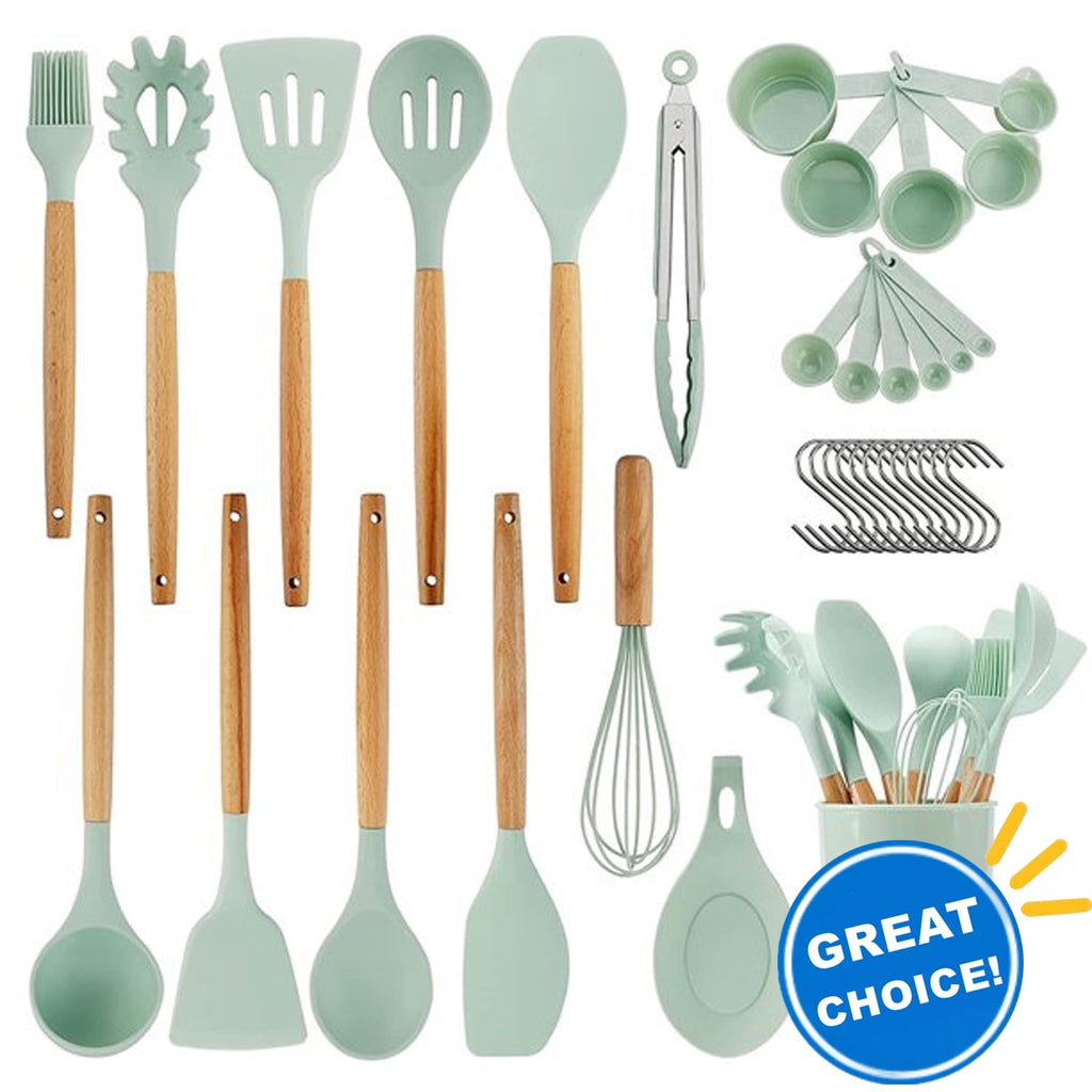 Silicone Cooking Utensils Set, 446°F Heat Resistant Wooden Handle Cooking Kitchen Utensils Spatula Set with Holder fo...