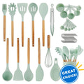 Silicone Cooking Utensils Set, 446°F Heat Resistant Wooden Handle Cooking Kitchen Utensils Spatula Set with Holder fo...