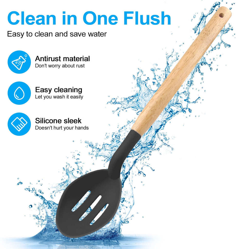 Silicone Cooking Utensils Sets with Utensils Holder AILKIN 12-Piece Wooden Handle Kitchen Utensil Set 600F Heat Resistant Non-stick Cookware - Image 3