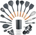 35Pcs Puricon Chef Kitchen Cooking Utensils Set, Non-Stick Silicone Cooking Kitchen Utensils Spatula Set with Holder, Wooden Handle Silicone
