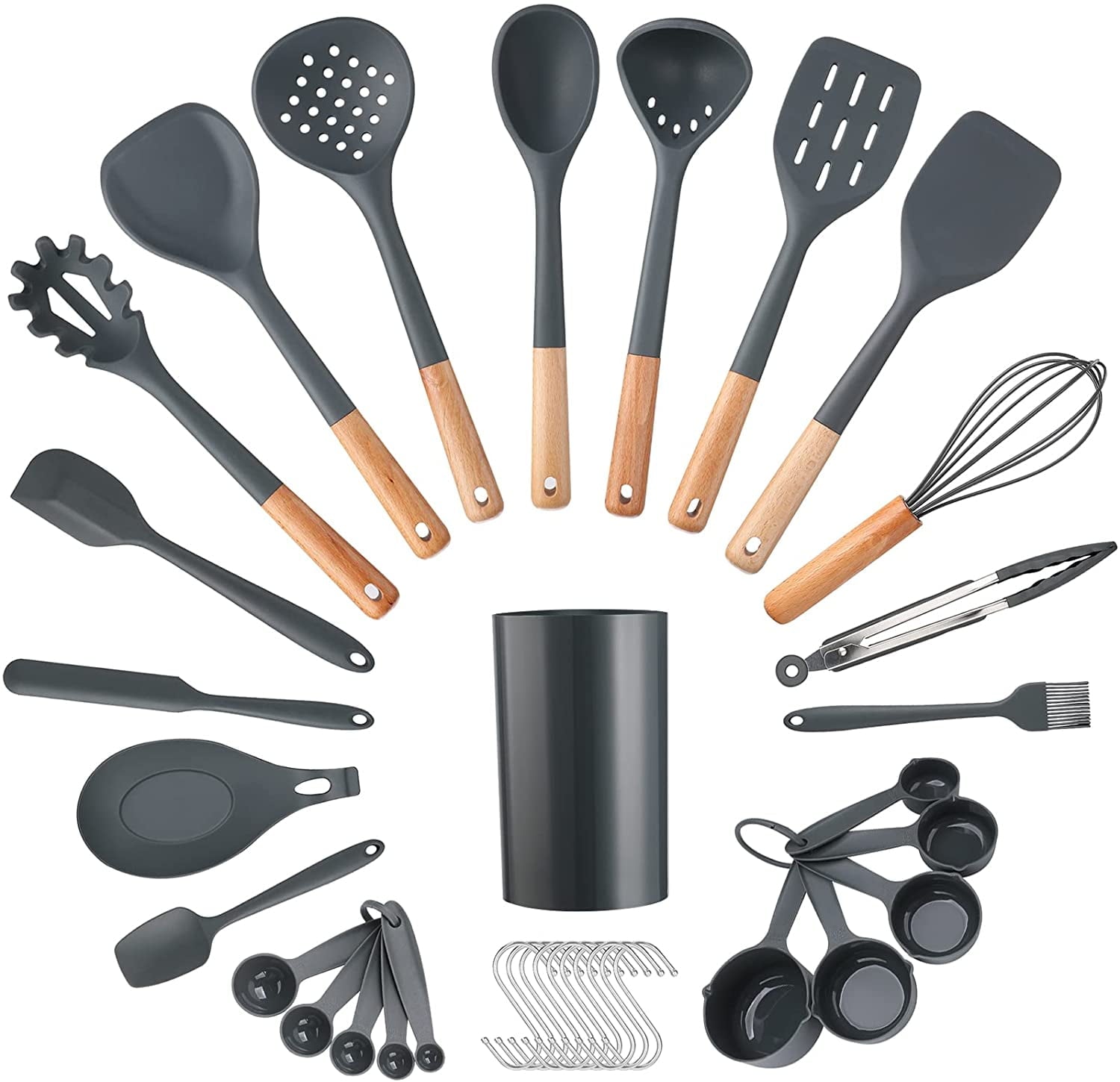 35Pcs Puricon Chef Kitchen Cooking Utensils Set, Non-Stick Silicone Cooking Kitchen Utensils Spatula Set with Holder, Wooden Handle Silicone