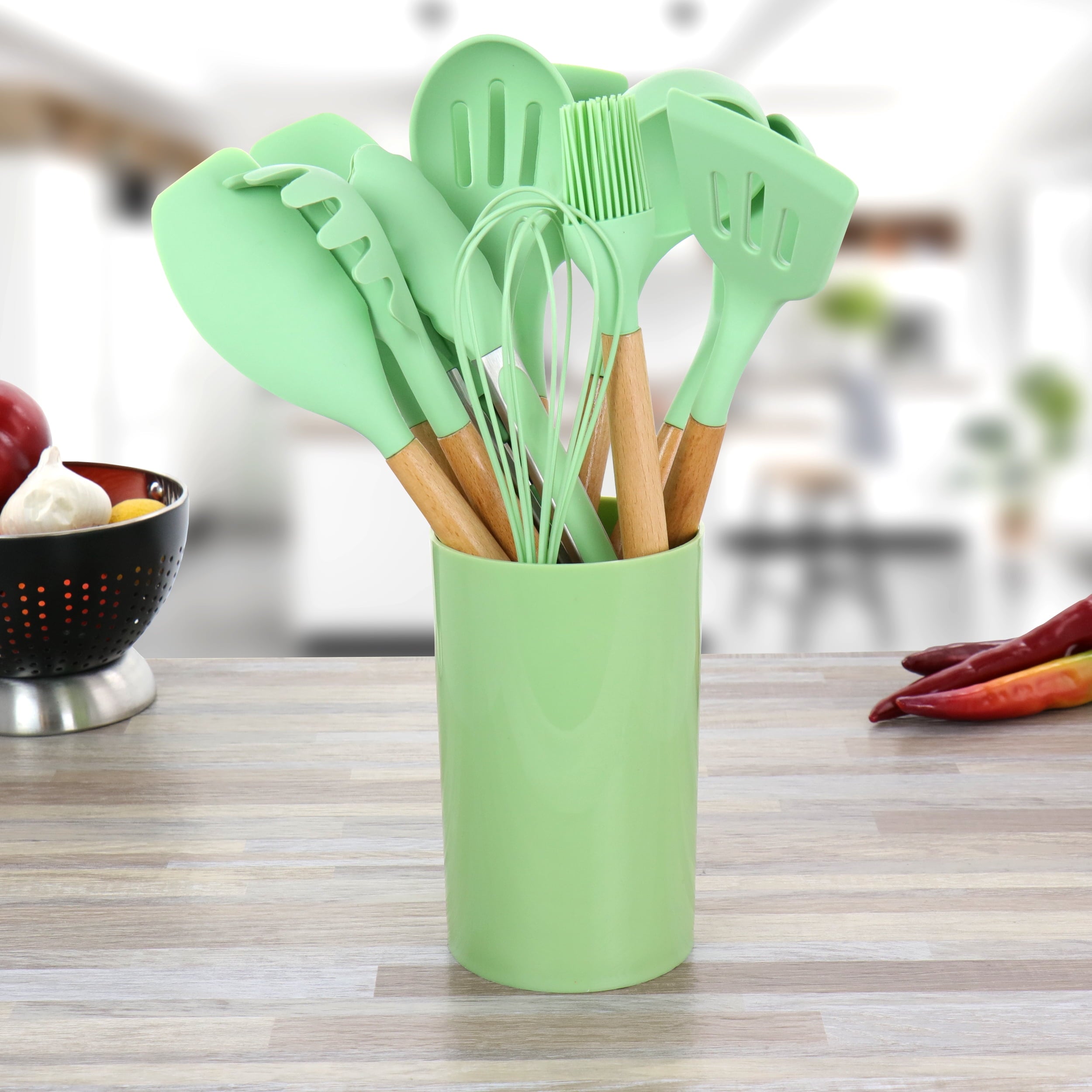 Mint Green 12 Piece Silicone and Wood Cooking Utensils - Image 3