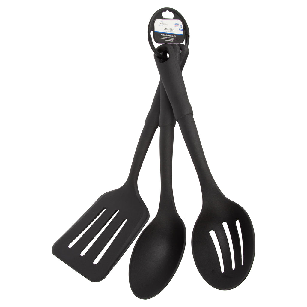 (4 pack) 3-Piece Kitchen Utensil Set, Slotted Spatula, Slotted Spoon and Solid Spoon, Black, Nylon - Image 3