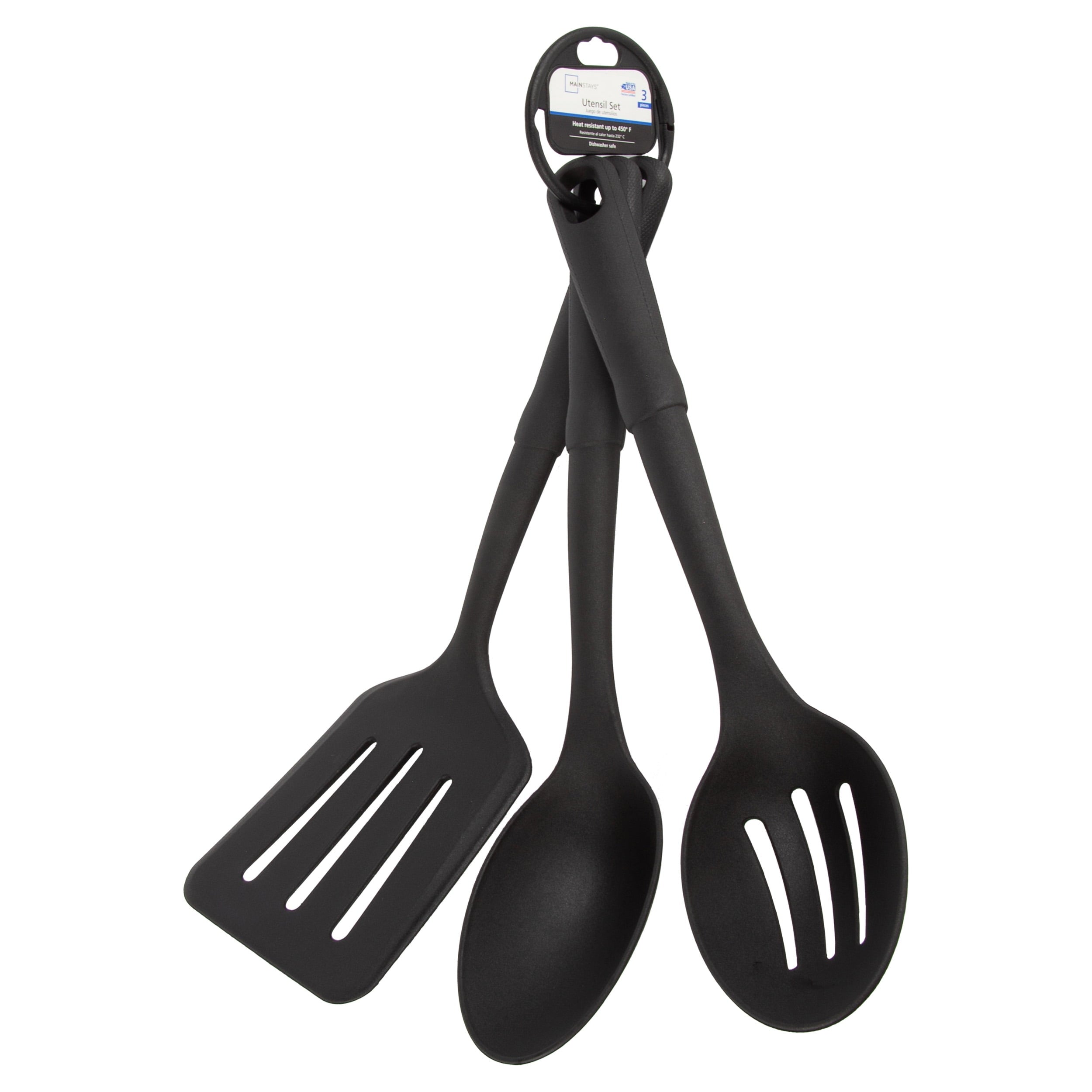 (4 pack) 3-Piece Kitchen Utensil Set, Slotted Spatula, Slotted Spoon and Solid Spoon, Black, Nylon - Image 3