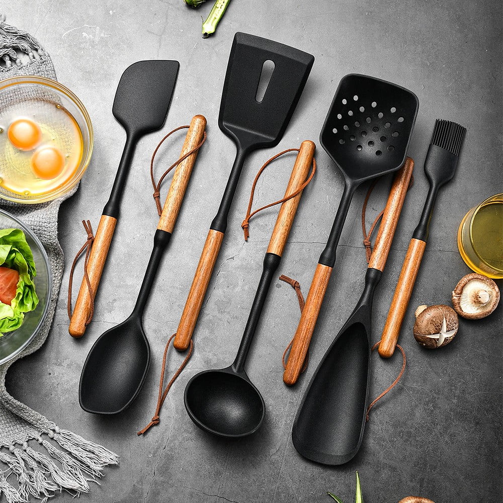 Silicone Kitchen Cooking Utensils with Food-Grade Silicone & Wood Handles, Black Wooden Handle Kitchen Gadgets Kitche... - Image 3
