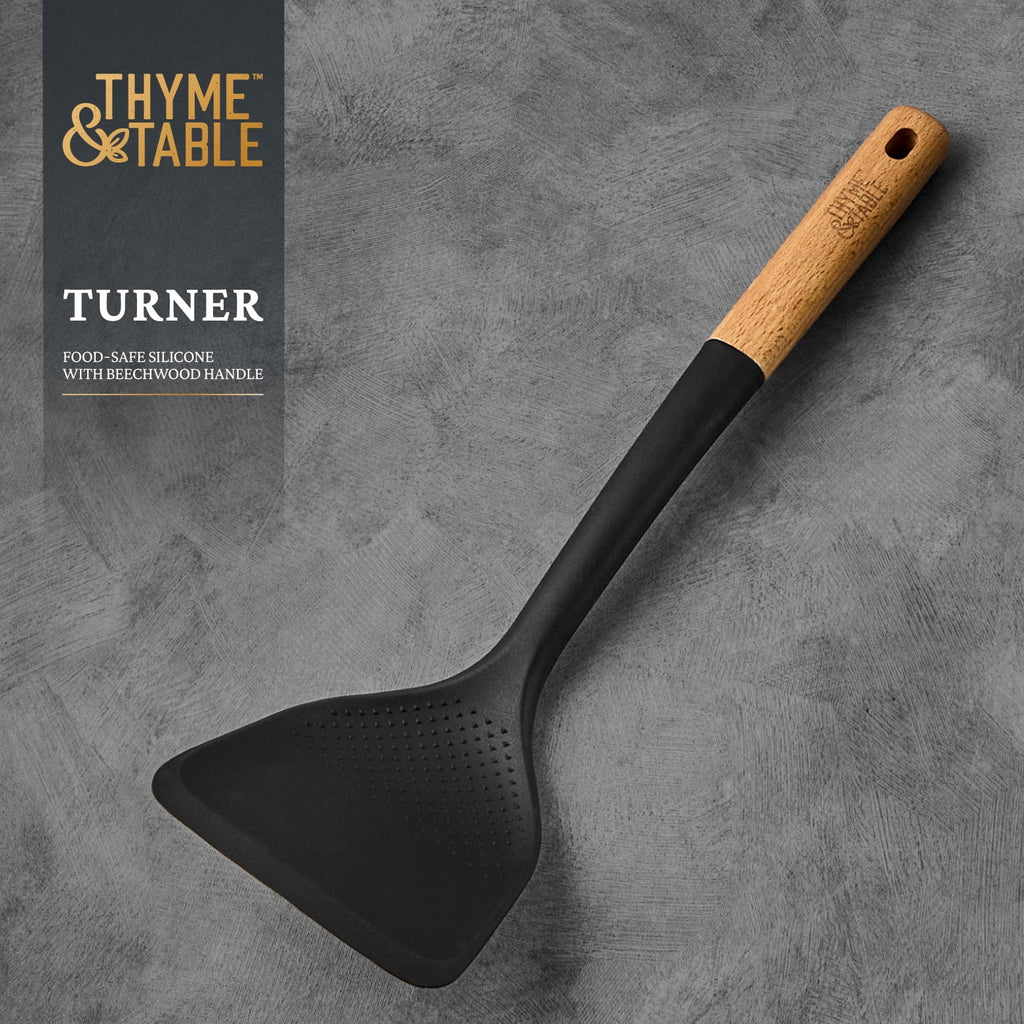 Food-Safe Silicone Turner with Beechwood Handle, Black - Image 3