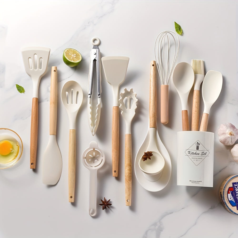 14pcs/set, Silicone Utensil Set, White Kitchen Utensil Set, Safety Cooking Utensils With Storage Bucket, Non-Stick Cooking Utensils With Woo - Image 6
