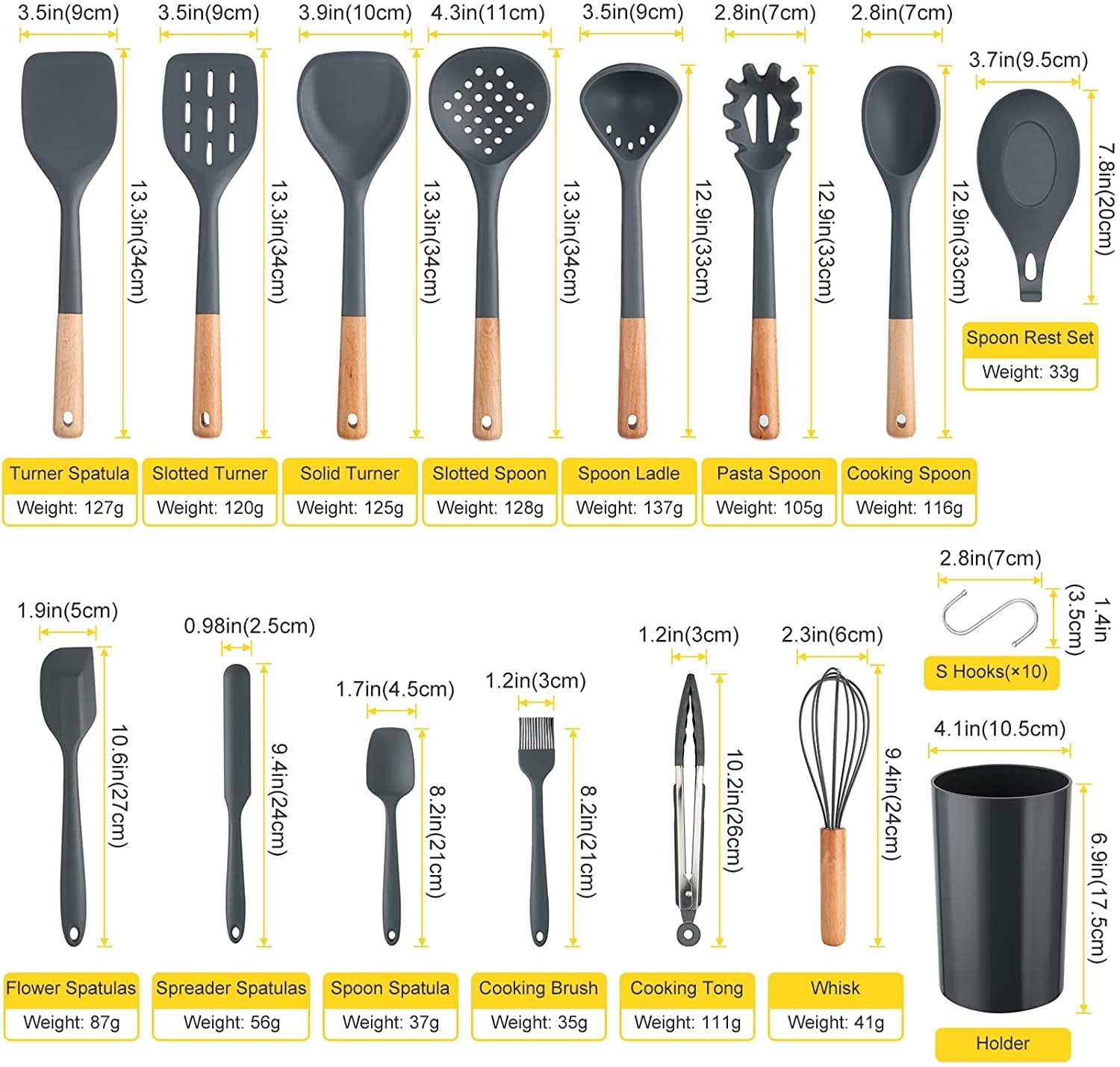 35Pcs Puricon Chef Kitchen Cooking Utensils Set, Non-Stick Silicone Cooking Kitchen Utensils Spatula Set with Holder, Wooden Handle Silicone - Image 2