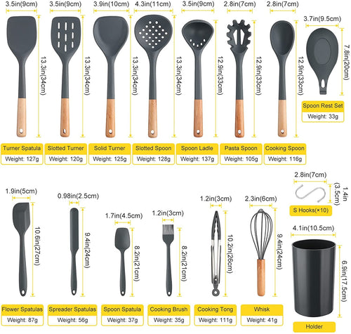 35Pcs Puricon Chef Kitchen Cooking Utensils Set, Non-Stick Silicone Cooking Kitchen Utensils Spatula Set with Holder, Wooden Handle Silicone - Image 2