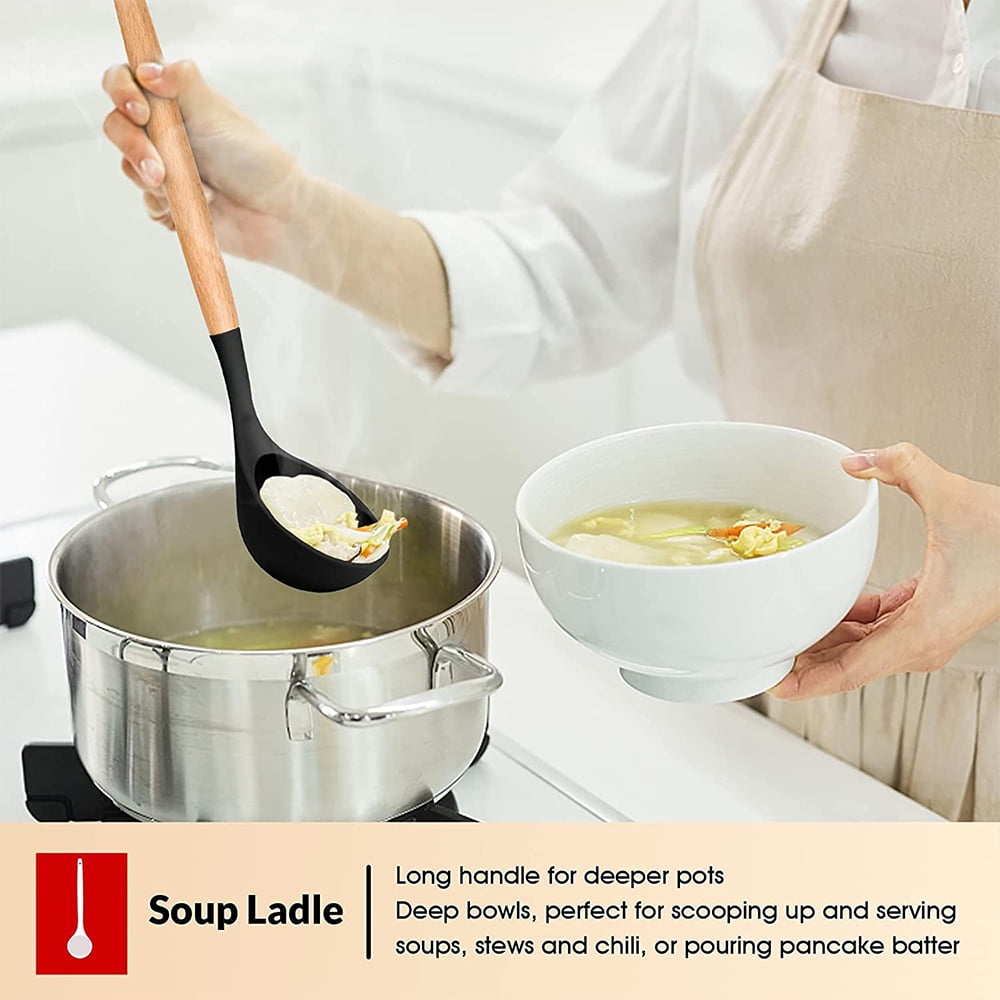 Kitchen Utensils Set of 6, VeSteel Silicone Cooking Utensils with Wooden Handle, Non-Stick Cookware & Heat Resistant, Includes Spatula/Ladle - Image 3