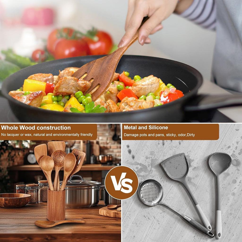 Wooden Spoons for Cooking, 8 Pcs Natural Teak Wooden Utensils Set, Non-Stick & Heat Resistant Durable Wood Kitchen Ut... - Image 2
